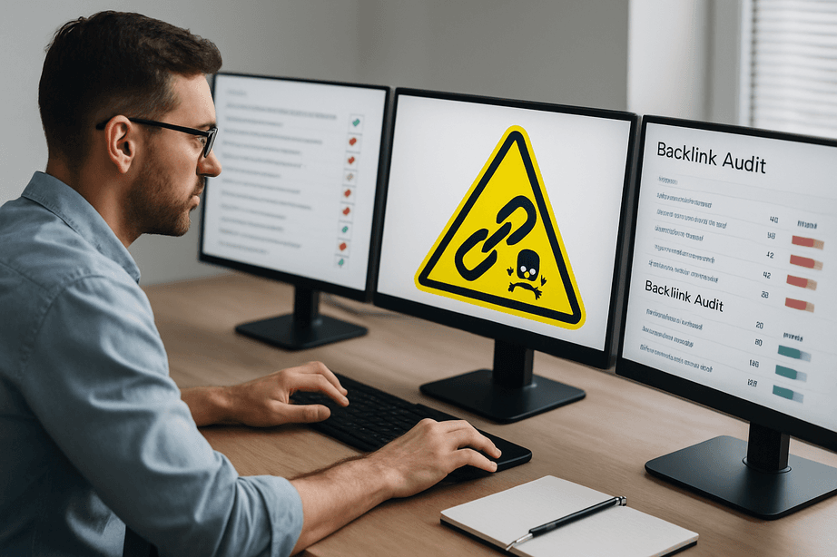 Man at a desk with three monitors, one showing a backlink audit warning