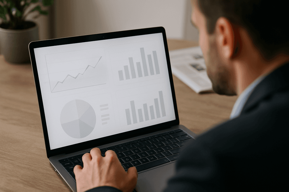 Man reviewing bar and pie charts on a laptop